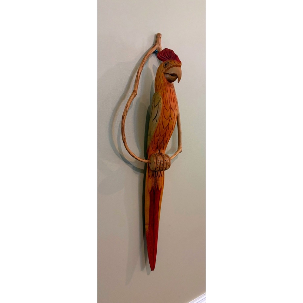 Vintage Hand Carved Wood Parrot Macaw on Swing Wall Hanging Tropical Decor 27in